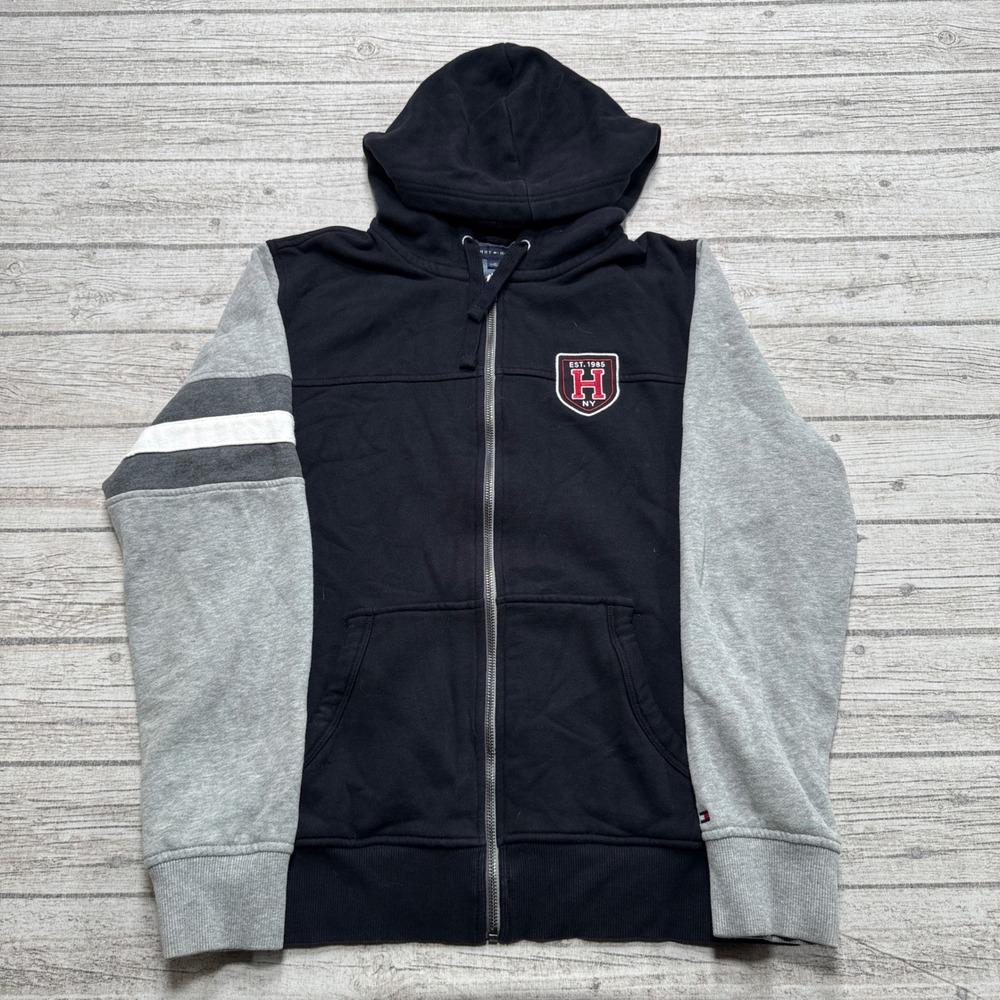 Tommy Hilfiger Hoodie Men's Medium Black Gray Colorblock Zip Up Athletic Varsity